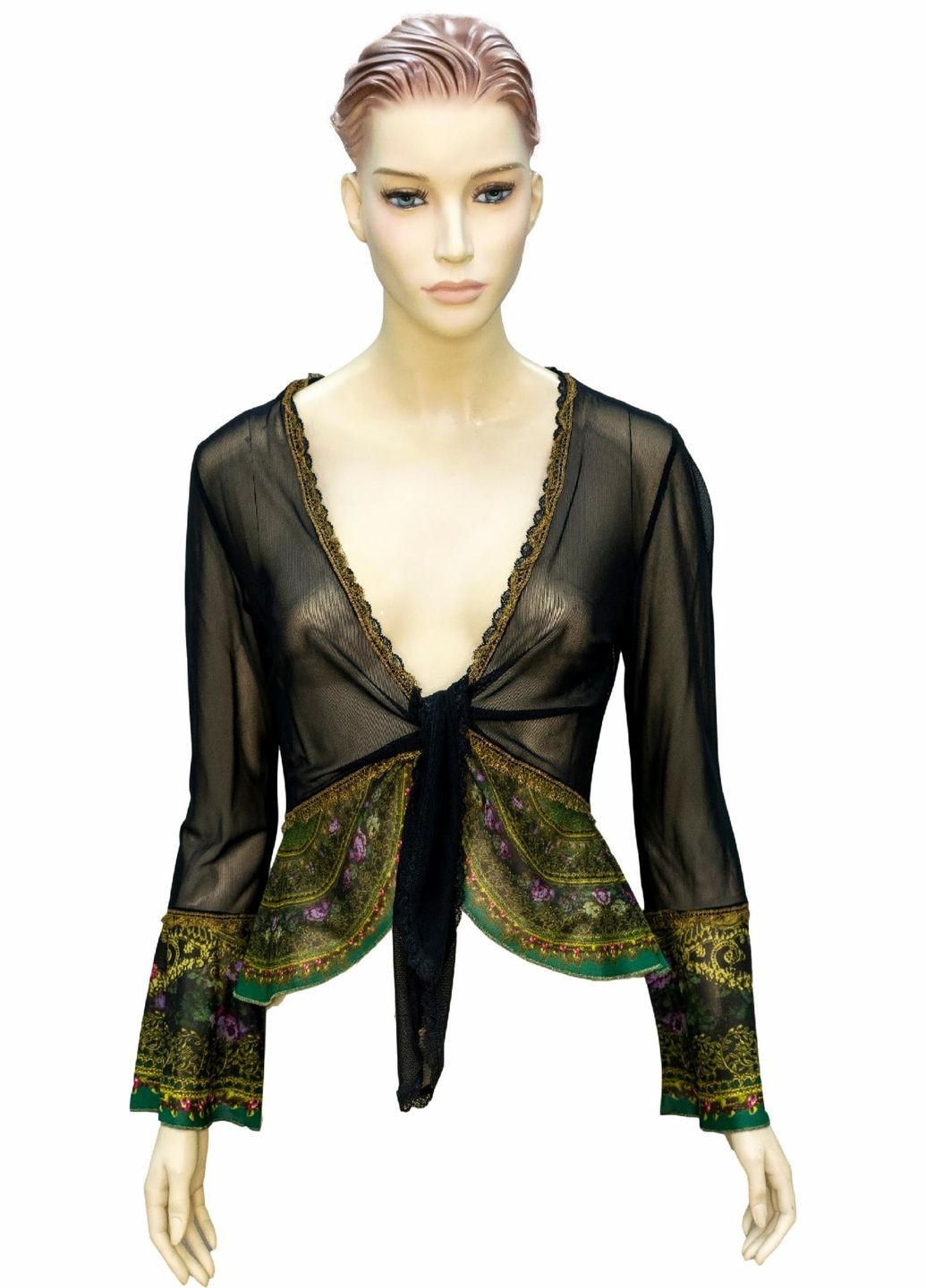 Зелёная блуза женская "вечерний шарм" с цветочным принтом, кружевом, ручная работа (р-l) Michal Negrin