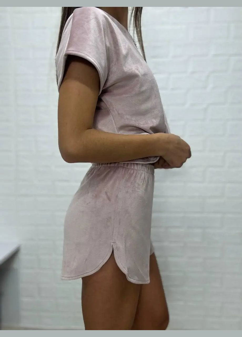 Пудрова всесезон жіноча піжама "футбока шорти", велюр на х/б основі (плюш), пудрат т.м. lekol No Brand