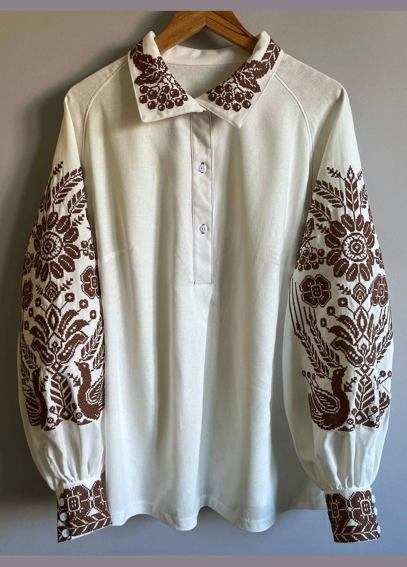 Молочна вишукана жіноча вишиванка льон, традиційний стиль та сучасна елегантність - вишитий комір та розкішні рукави! візерунок орнамент приталена, вільна, пряма льон (322650228)