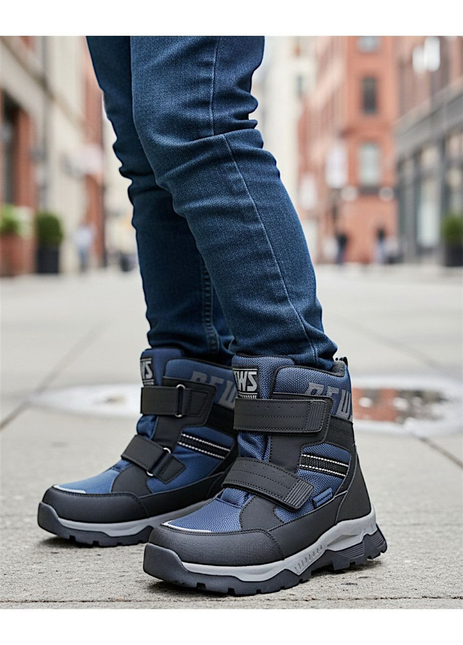 Темно-синие подростковые зимние дутики на овчине для мальчика, термоботинки на овчине для мальчика, зимние ботинки для подростка Tom.M на липучке
