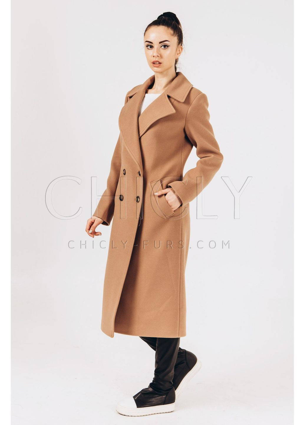 Світло-коричневе зимнє Зимове пальто з кашеміру двобортне CHICLY