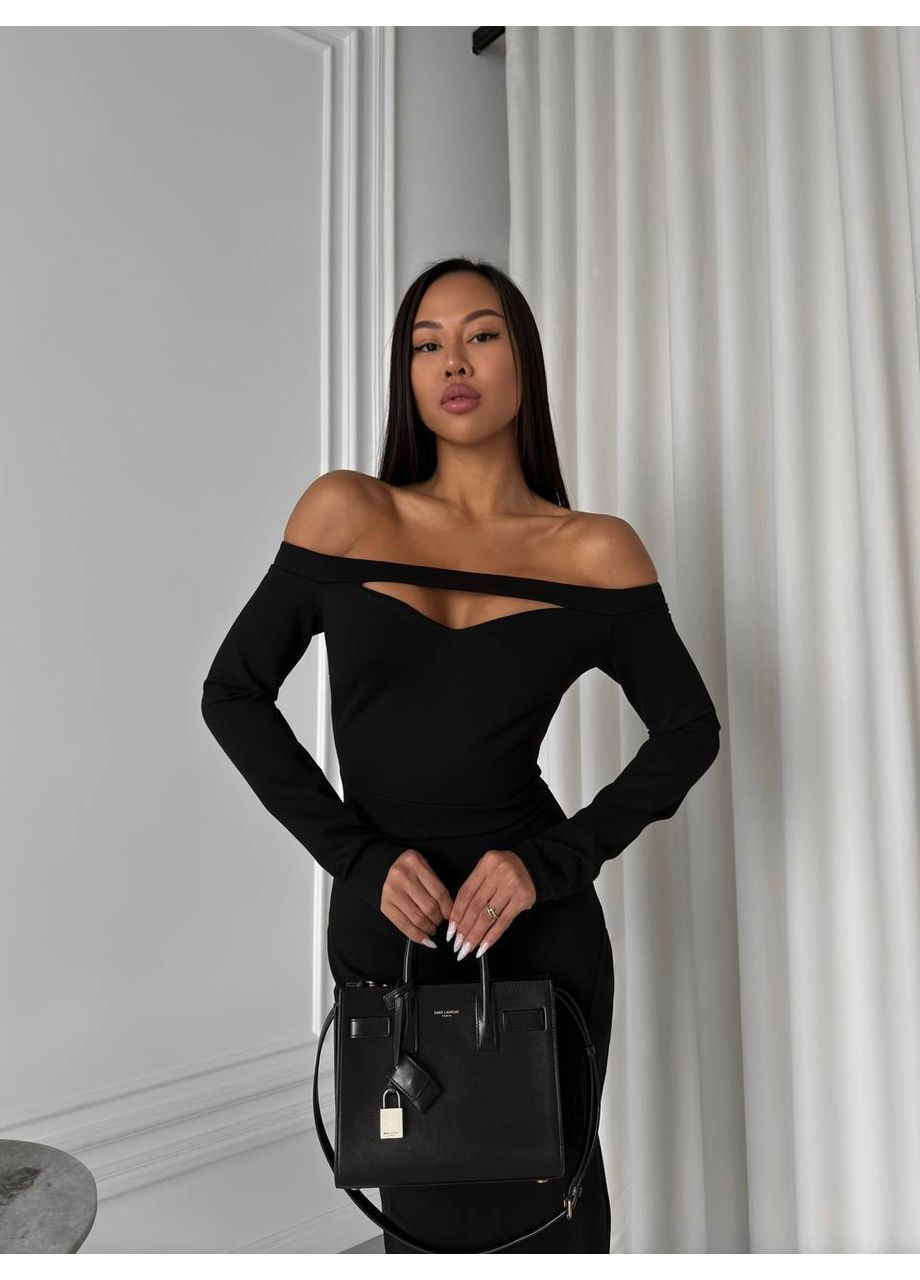 Чорна вечірня, кежуал елегантна жіноча сукня міді з відкритими плечима з відкритими плечима, з відкритою спиною Україна