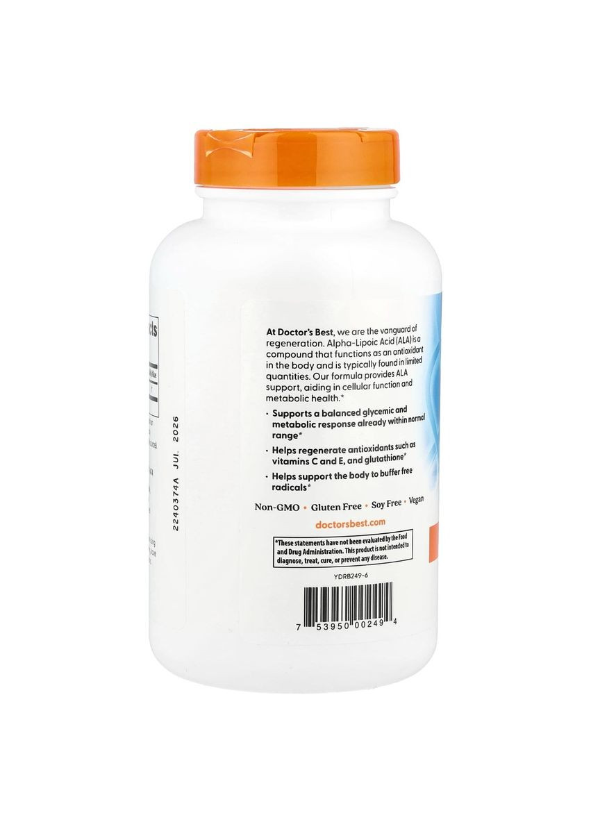 Альфа-Ліпоєва кислота, 600 мг, Alpha-Lipoic Acid,, 180 вегетаріанських капсул Doctor's Best (322741409)