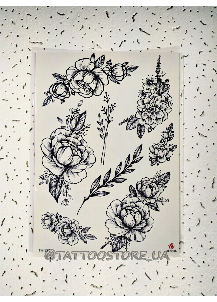 Временное тату Черные пионы 21х15 см набор 18, Fine Line, контурные (TH391) Tattoo (367623493)