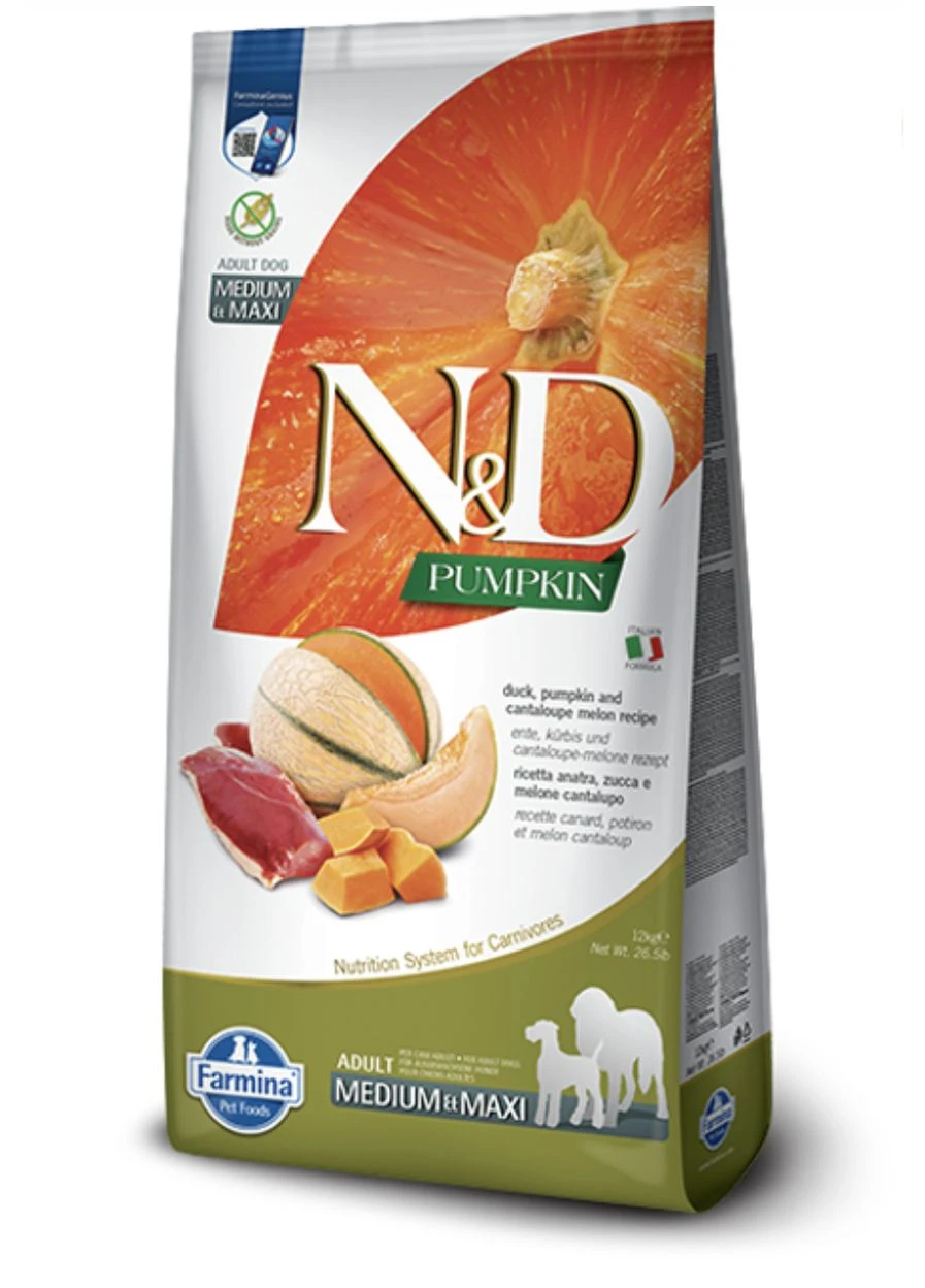 Фарміна дог сух N&D Grain Free PUMPKIN DUCK & CANTALOUPE ADULT MEDIUM & MAXI з качкою та динею 12 kg 38968 Farmina (368564941)