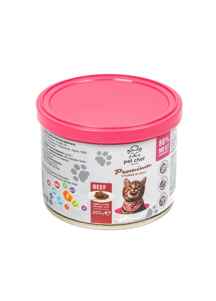 Вологий корм для котів шматочки в желе з яловичиною 200 г Pet Chef (392124600)