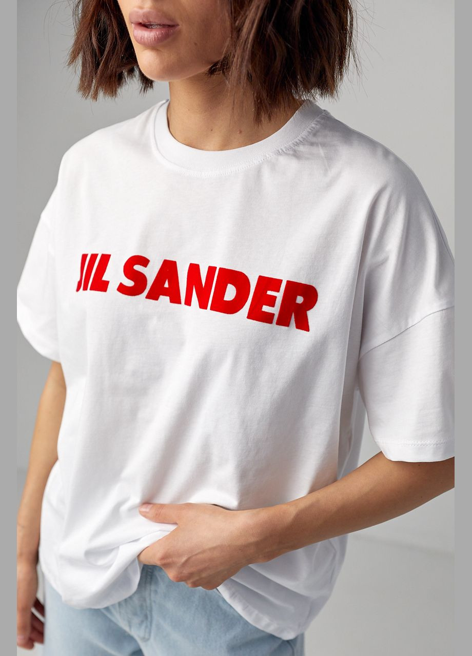 Біла літня трикотажна футболка з написом jil sander Lurex
