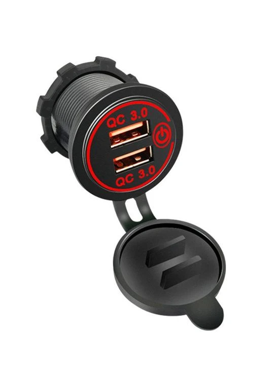 Автомобільний адаптер 2 USB з Quick Charge 3.0 – Врізний модуль з кнопкою та червоним підсвічуванням для швидкої зарядки Без бренду (381157865)