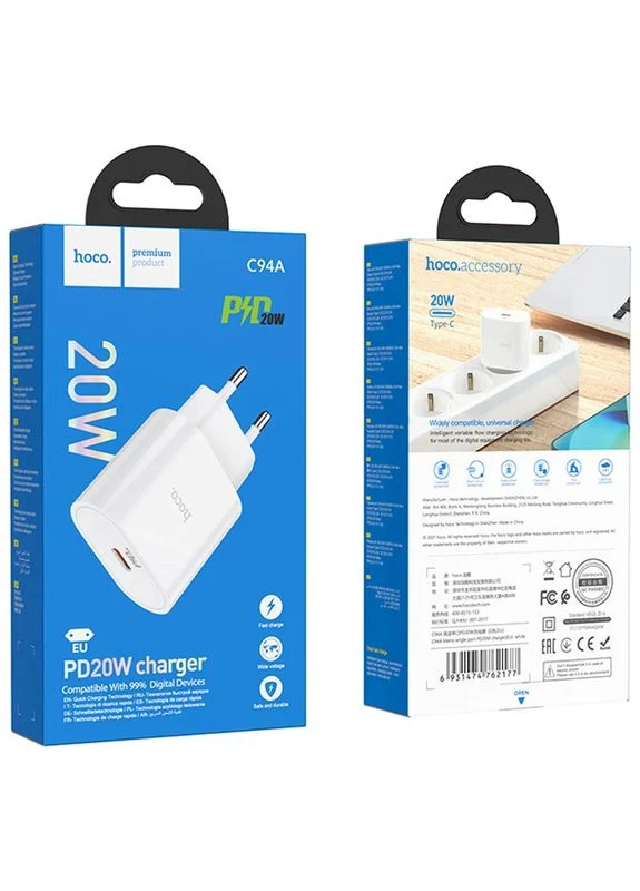 Зарядное устройство Hoco 5V/3A USB-C огнестойкий 54х45х24 мм No Brand C94A Metro PD20W (402119395)
