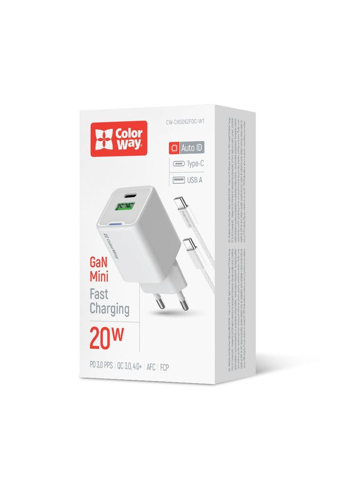 Сетевое зарядное устройство GaN Mini 20W PD Port PPS USB (Type-C PD + USB QC4.0) White (CW-CHS062PDC-WT) + кабель Type-C Colorway (364860947)