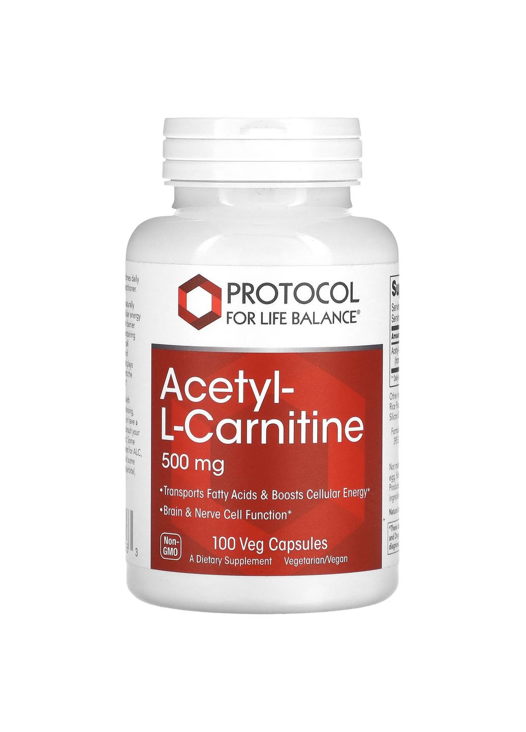 Ацетил-L-карнитин, Acetyl-L-Carnitine,, 500 мг, 100 веганских капсул Protocol for Life Balance (351384150)