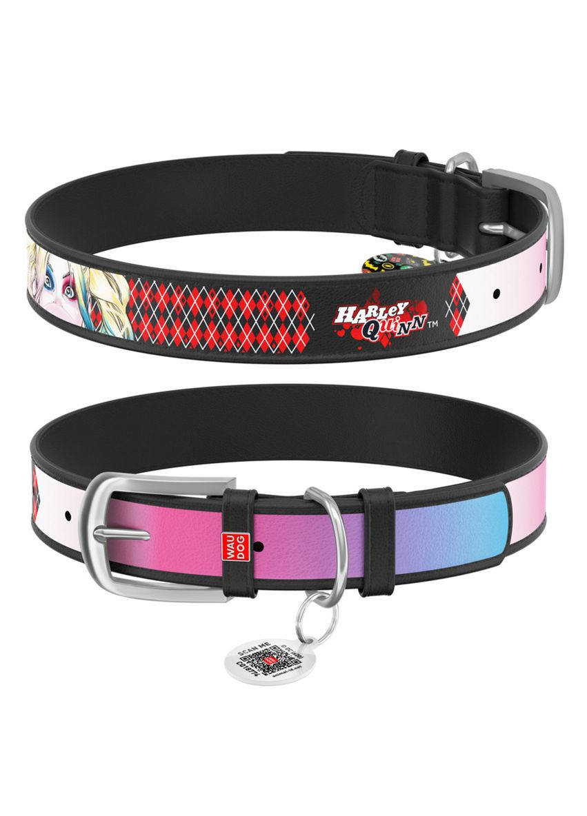 Ошейник для собак кожаный Design с QR паспортом, рисунок "Харли Квинн", Ш 25 мм, Дл 38-49 см, черный WAUDOG (332879934)