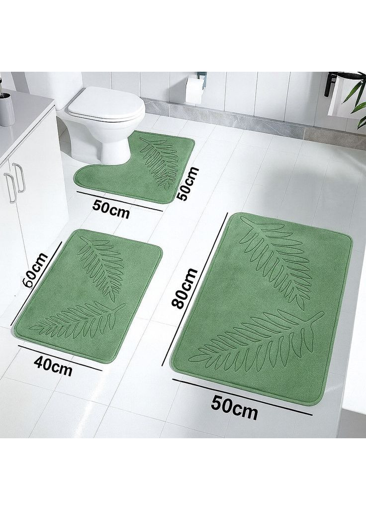 Набор из 3-х ковриков для ванной и туалета "Листья" с эффектом памяти Антискользящий Зеленый (8802286) No Brand (365280651)