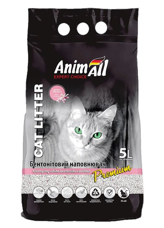 Наповнювач для котів 5 л Бентонітовий білий з ароматом дитячої пудри AnimAll (278309786)