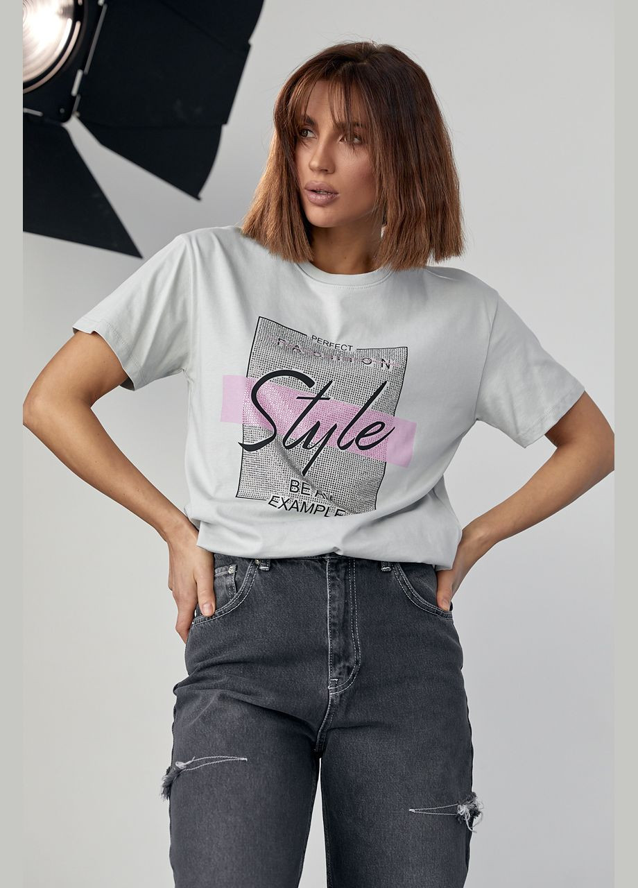 Трикотажна футболка з принтом та термостразами Liton - (296988286)