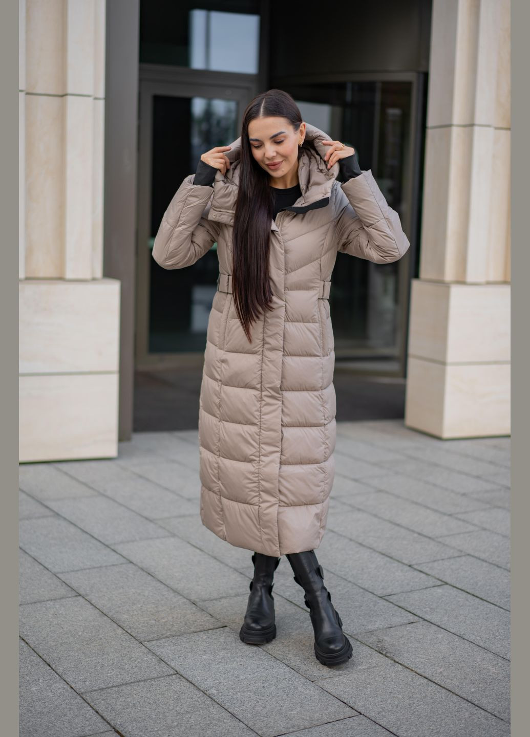 Бежевая зимняя женское зимнее длинное пальто 07353 Fodarlloy
