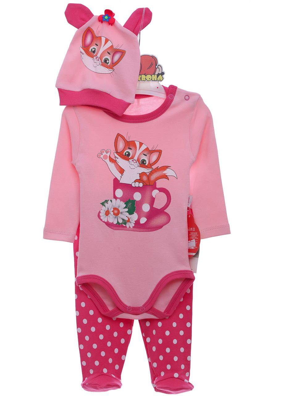 Рожевий демісезонний комплект боді, повзунки та шапочка для дівчинки трикотажний кішечка рожевий 62 см (36868) BABYKROHA