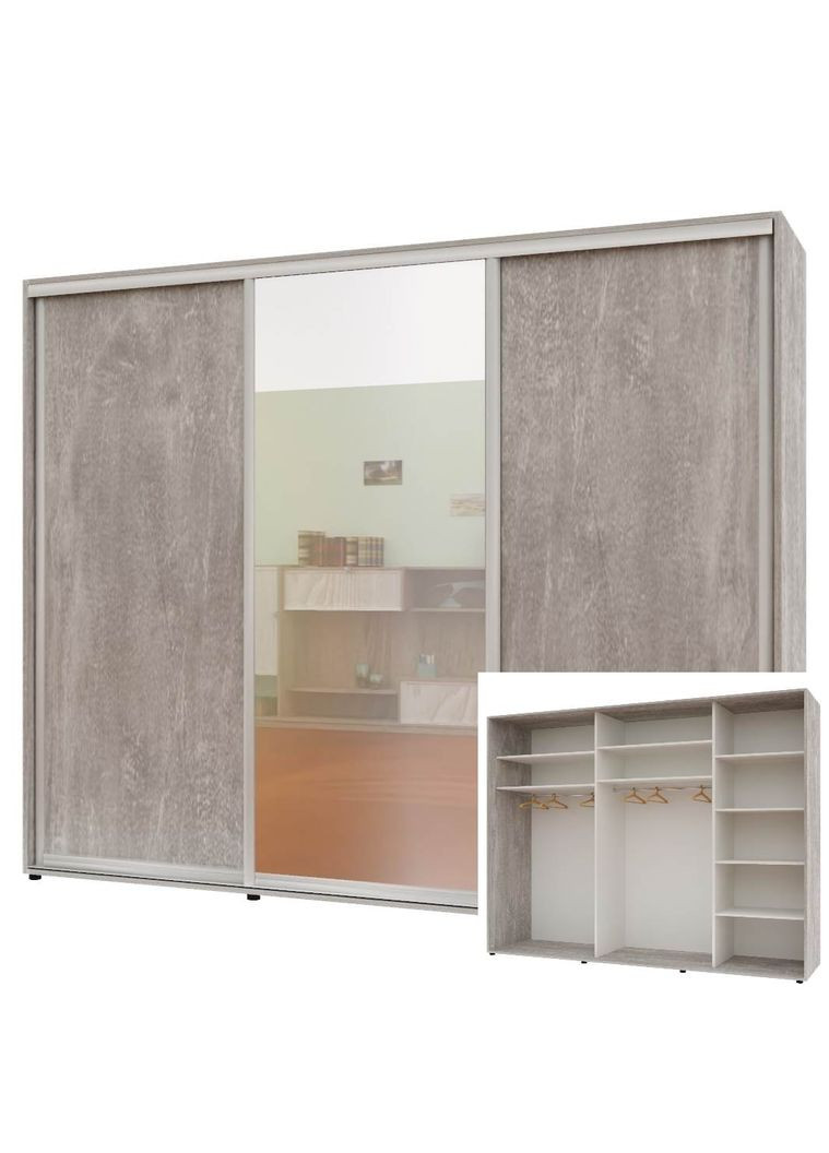Шафа-купе тридверна 260*60*240 см Бетон ДСП + Дзеркало + ДСП Стандарт Комфорт Меблі (360436841)