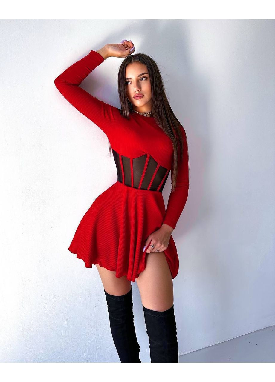 Червона жіноча сукня з імітацією корсету в рубчик No Brand