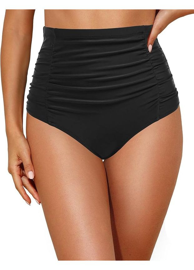 Черные женские плавки с высокой талией, контролем живота и драпировкой. однотонные Tempt Me