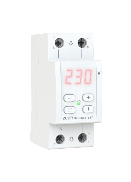 Защитное реле однофазное напряжения D2-63 на DIN-рейку, 63А, 13900ВА, 120-280В, двухмодульное с индикатором напряжения (Красный) ZUBR (370622934)