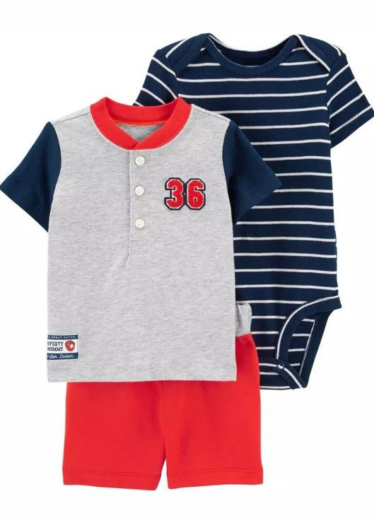 Темно-синий летний комплект (шорты, футболка, бодик) Carter's