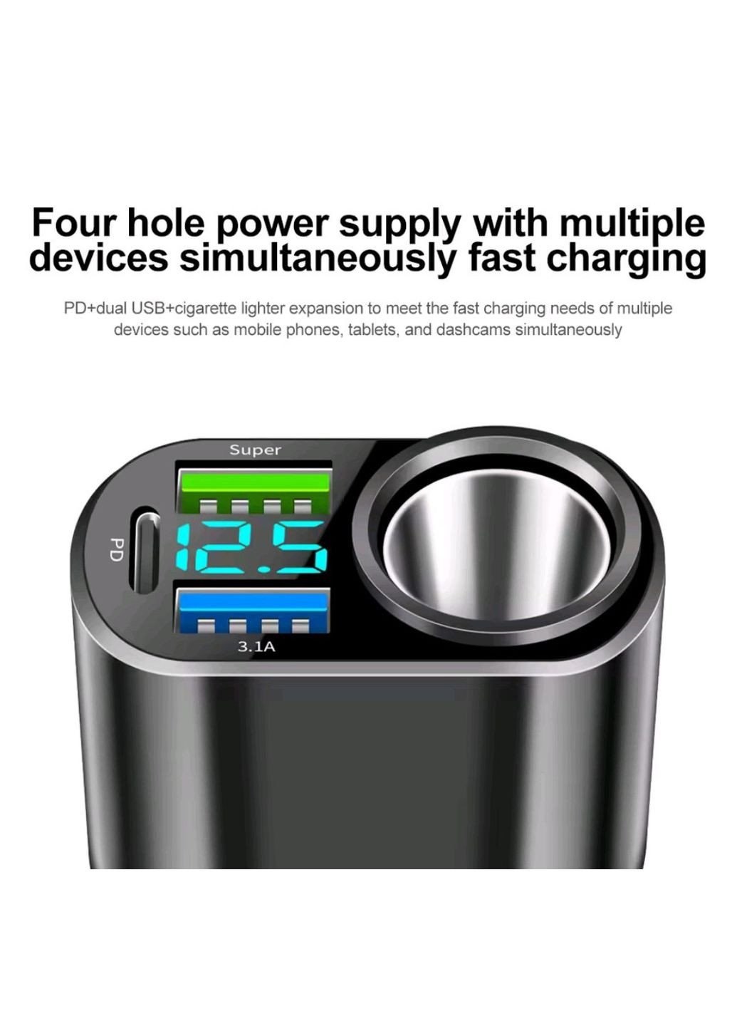 Автомобільна зарядка 2 USB 66 W PD30W QC3.0 з вольтметром 12 В/24 В No Brand (356767870)