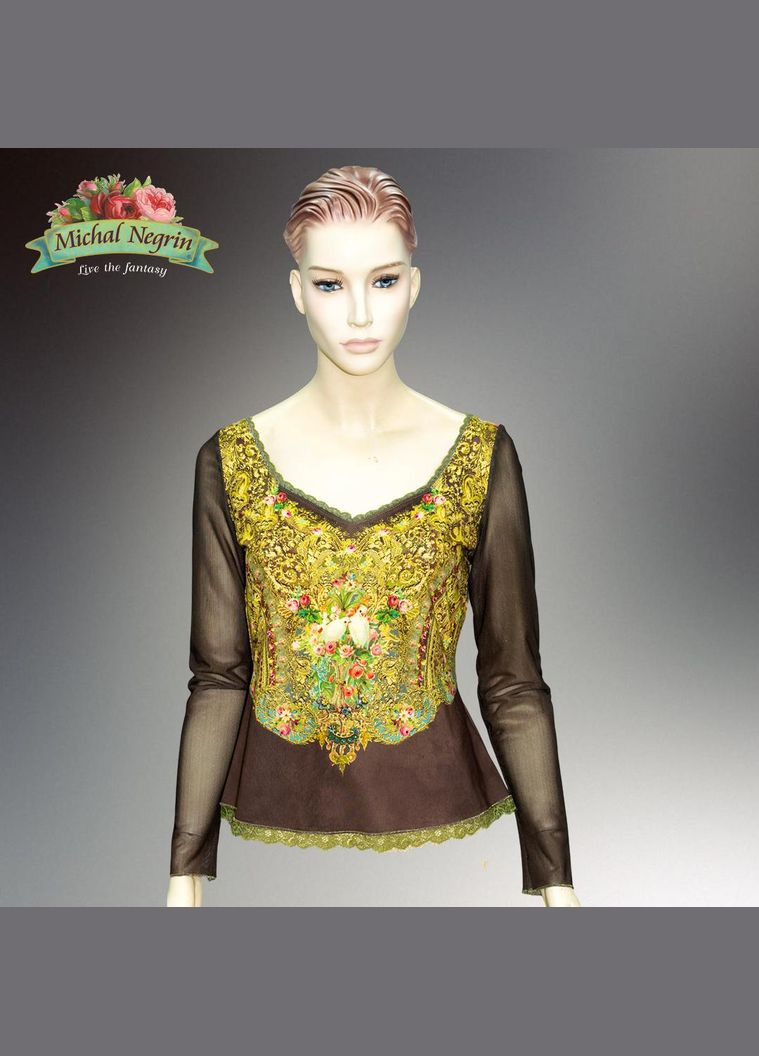 Коричневая блуза женская "золотой сад" с кристаллами swarovski, кружевом, вышивкой и цветочным принтом, ручная работа (р-m) Michal Negrin