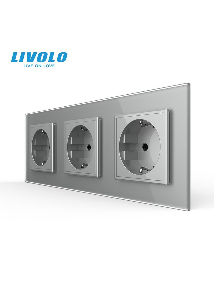 Потрійна електрична розетка з заземленням, сіра, скляна рамка, шторки, 250В 16А (VL-C7C3EU-15) Livolo (370971545)