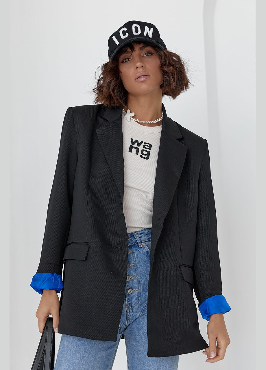 Черный женский женский пиджак с цветной подкладкой 6047 Lurex однотонный - демисезонный
