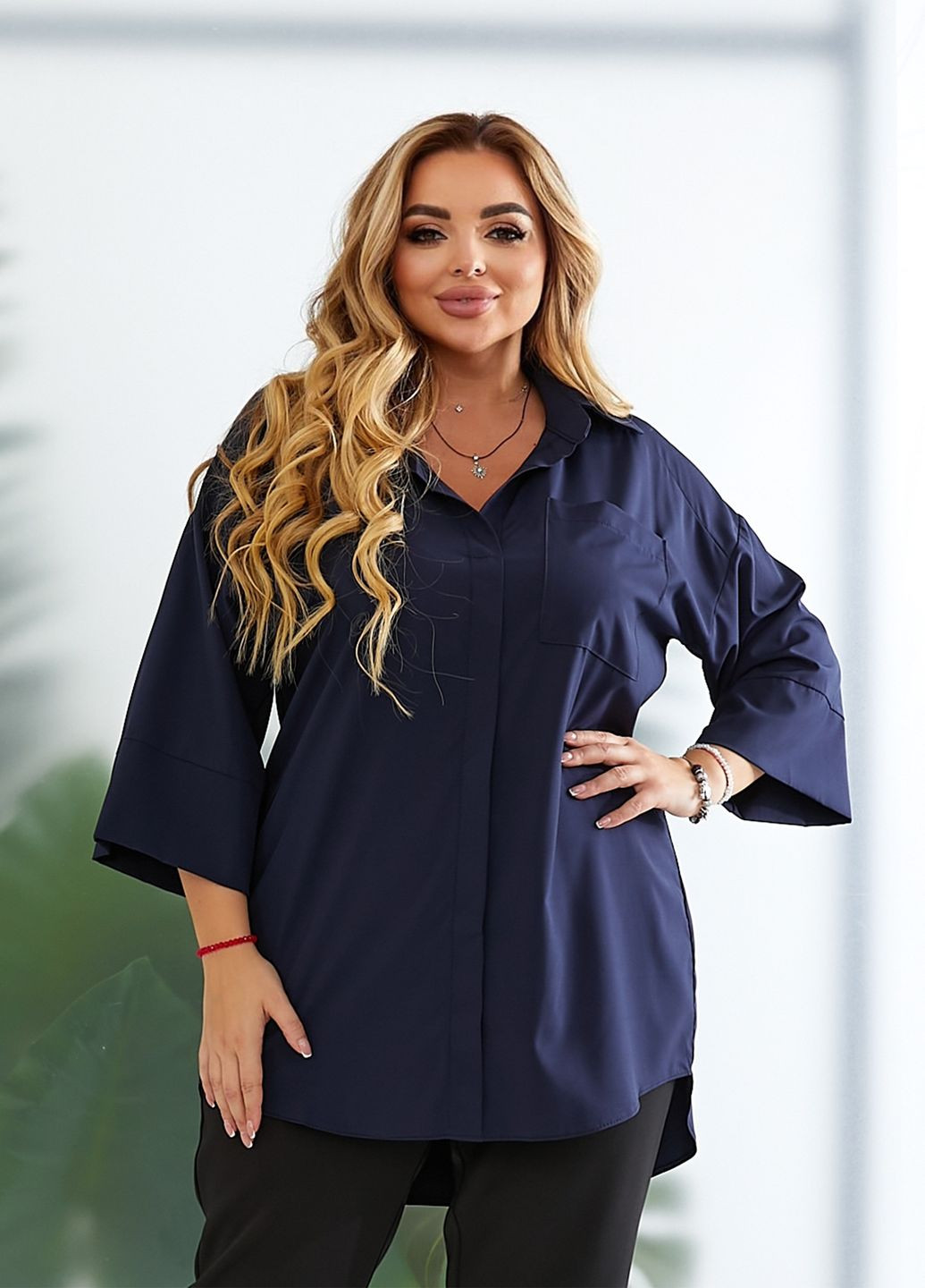 Тёмно-синяя блуза женская с объемными рукавами No Brand