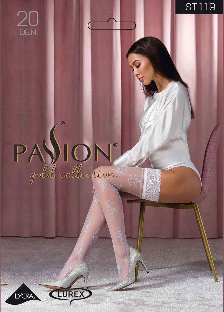 Панчохи ST119 5 білі, на ажурній силіконовій гумці, з квітковим декором, люрексова нитка Passion (303897768)