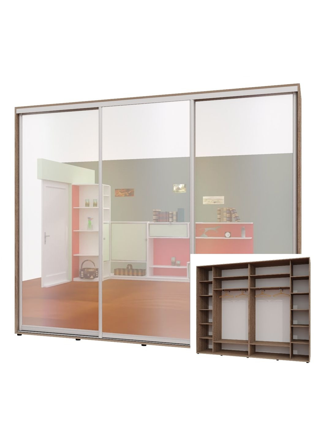 Шкаф-купе трехдверный 290*45*220 см Дуб Сонома трюфель 3 двери Зеркало Люкс-147 Алекса (360478421)