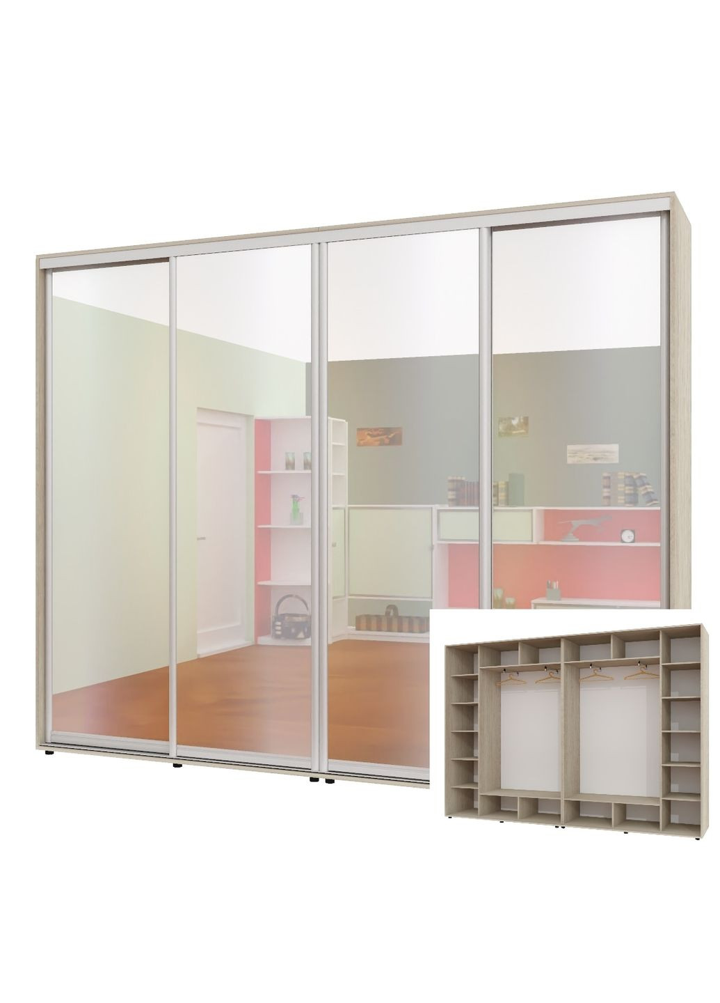 Шафа-купе чотиридверна 300*45*250 см Дуб Шамоні світлий 4 двері Дзеркало ШК-02 Алекса (360462509)