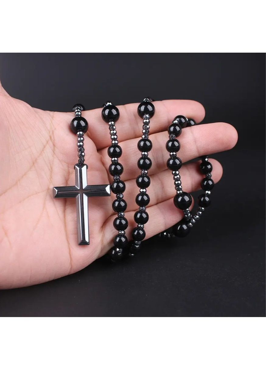 Чотки-підвіска з натуральних каменів 70 см з хрестиком, обсидіан тигрове око лазурит, унісекс аксесуар No Brand (364191375)