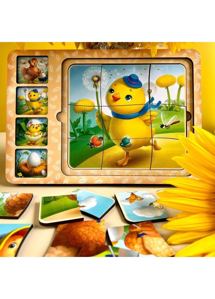 Деревянная настольная игра "Этапы развития курочки" Ubumblebees (ПСФ018) PSF018 сортер-пазл Toysi (372495546)