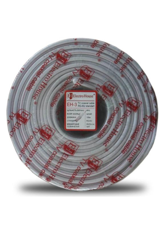 Кабель коаксіальний RG-6U 64% обміднена сталь 1.02 ПВХ,, 100 м Electro House (346089045)