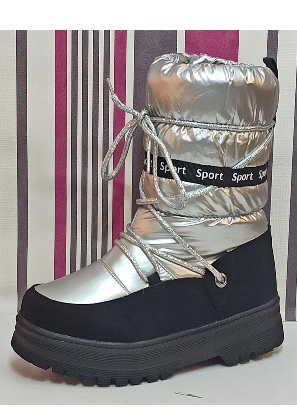 Серебряные сапоги зимние для девочки дутики на овчине том м 10898с серебряные Tom.M со шнурками