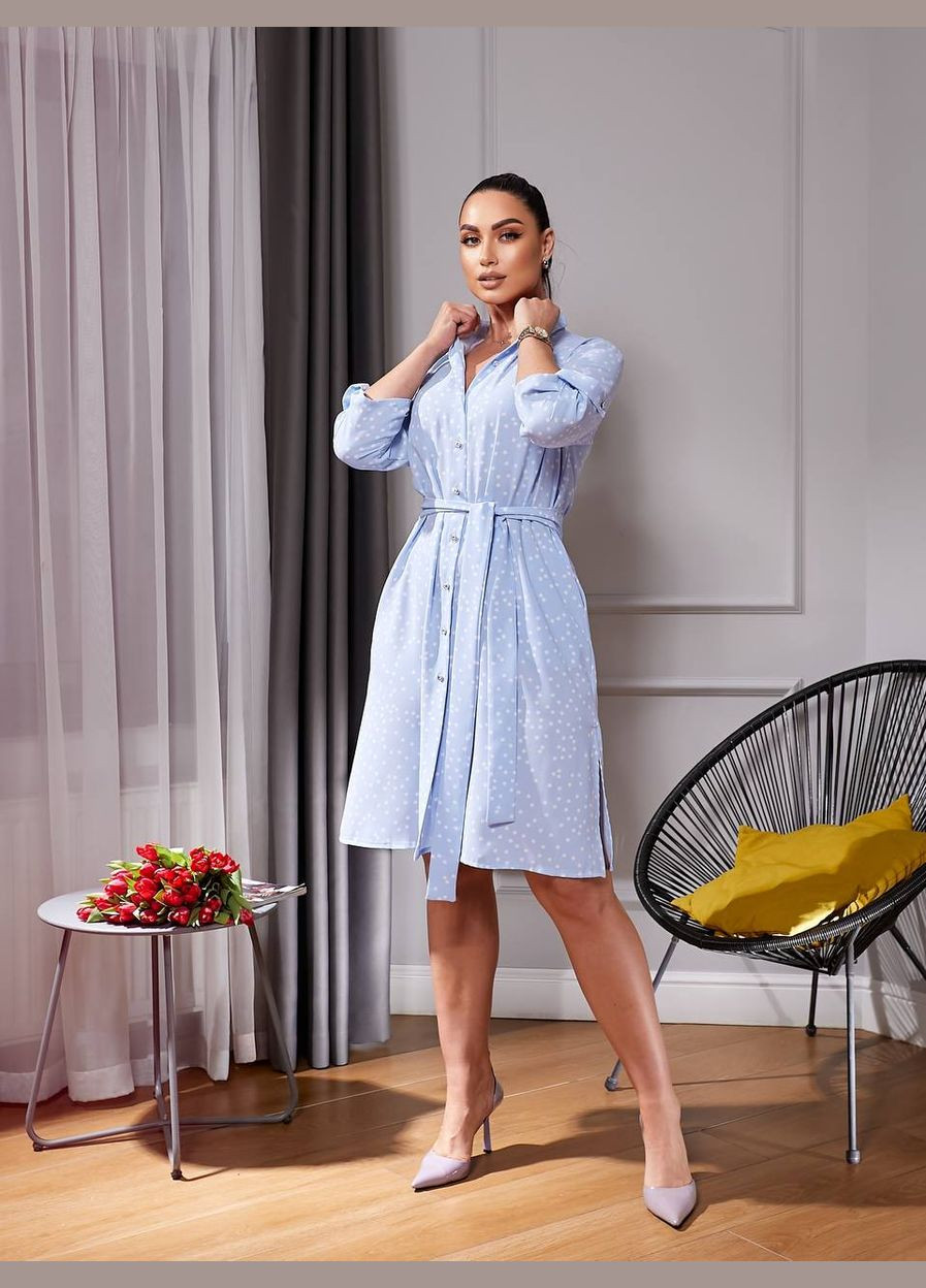 Светло-голубое праздничный, коктейльное, деловое, повседневный, кэжуал стильное платье с принтом рубашка No Brand с абстрактным узором