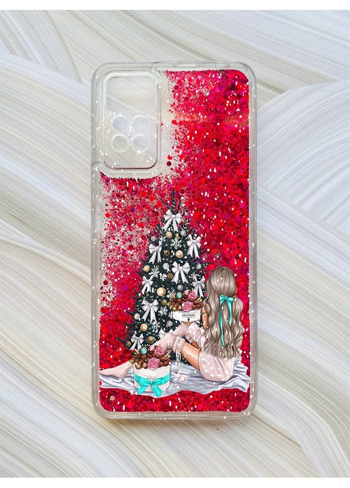 Чохол з плаваючими блискітками на Xiaomi Redmi Note 11 Pro Рожевий Дівчина біля ялинки (принт 139) CASE CONTROL (362968209)
