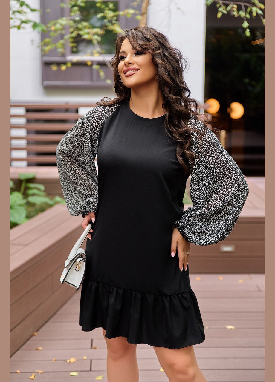 Черное кэжуал платье 8654 черного цвета с супер-мягкой тканью и шифоновыми рукавами. 46-48 Sofia