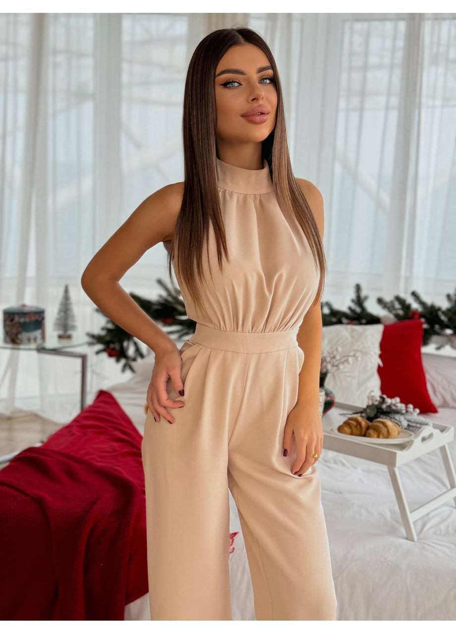 Комбинезон Україна UMButik однотонный бежевый праздничный, вечерний, деловой полиэстер, вискоза