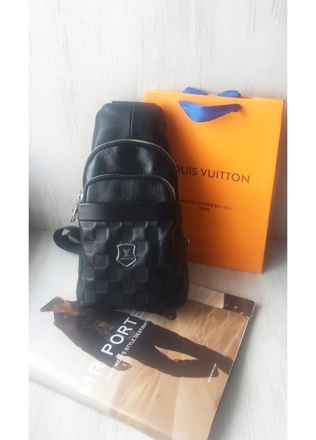 Чоловіча шкіряна сумка слінг black через плече чорна 23077 BR-S (371883093)