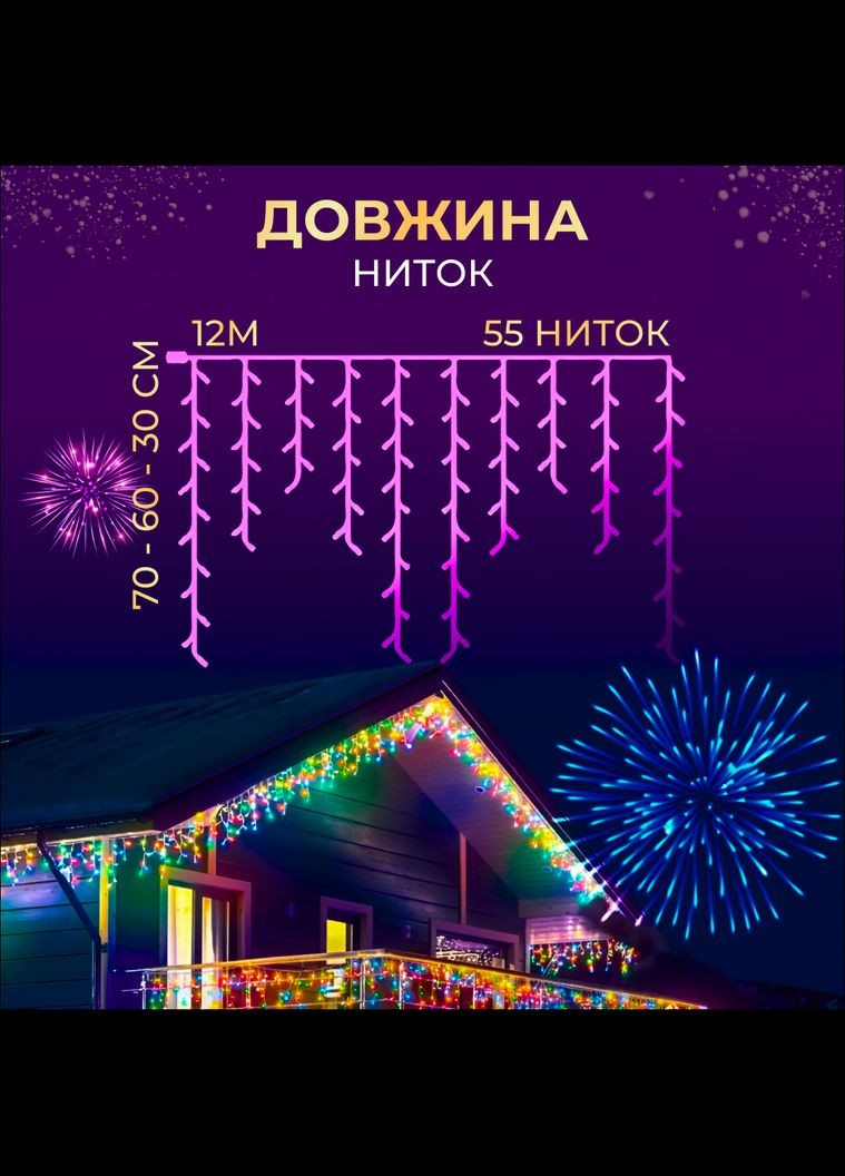 Гірлянда Бахрома вулична 200 LED 12 метрів чорна, мультиколор GarlandoPro 12MBML (306459720)