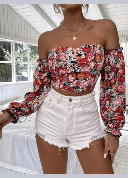 Топ открытые плечи цветочный принт 513 No Brand (350886136)