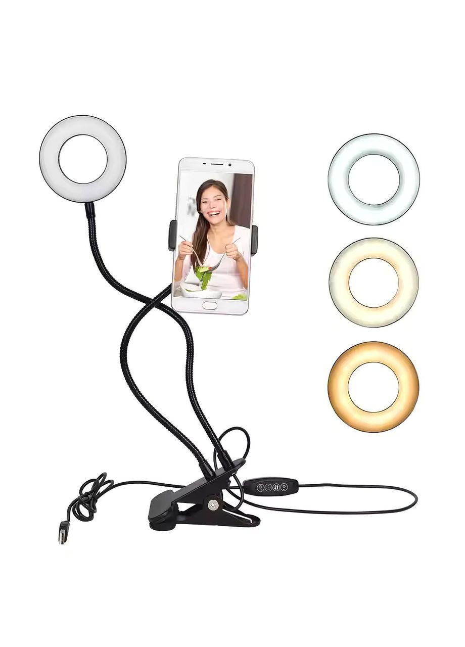 Лампа кільцева світлодіодна на прищіпці із тримачем для телефону та гнучкою ніжкою 2 в 1 діаметр 9 см No Brand (361029082)