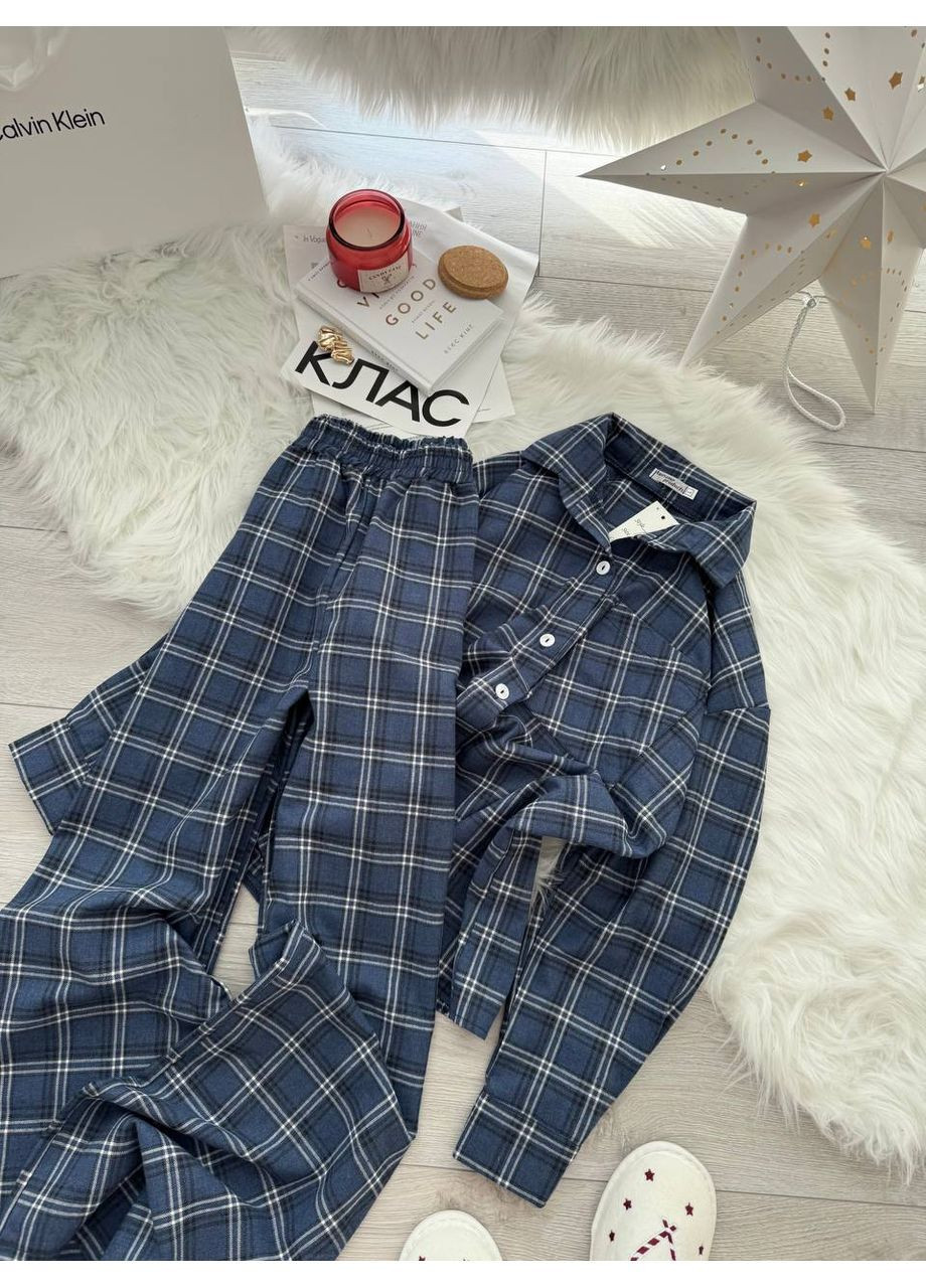 Синя всесезон піжама 806 фланель туреччина,клітинка,штани та сорочка Україна