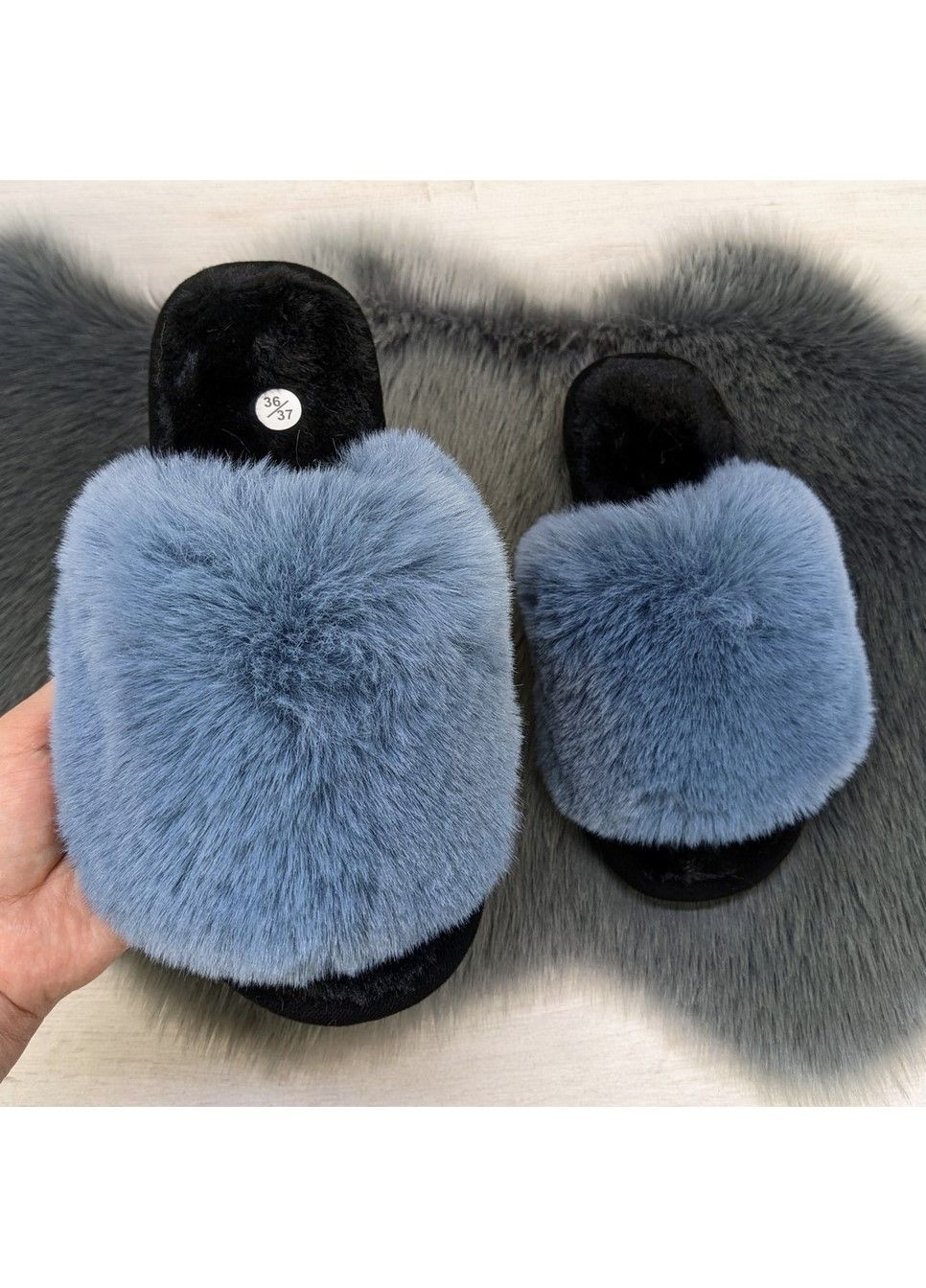 Синие тапочки меховые женские с открытым носком Fashion