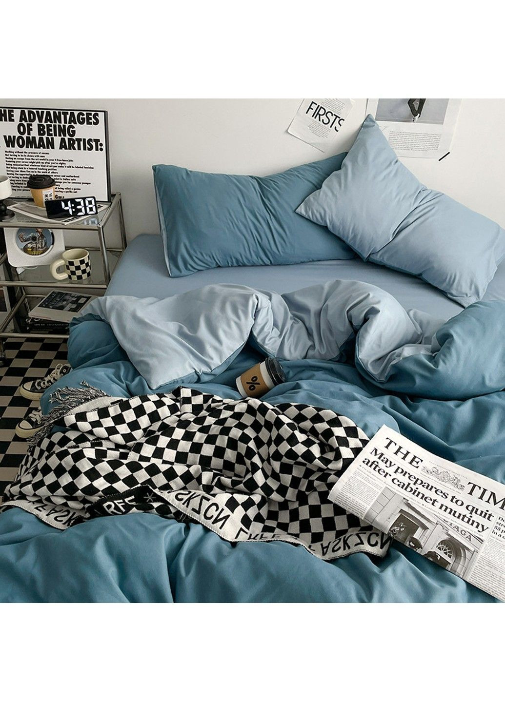 Постільна білизна двоспальна з вареної бавовни блакитного кольору No Brand (366964667)