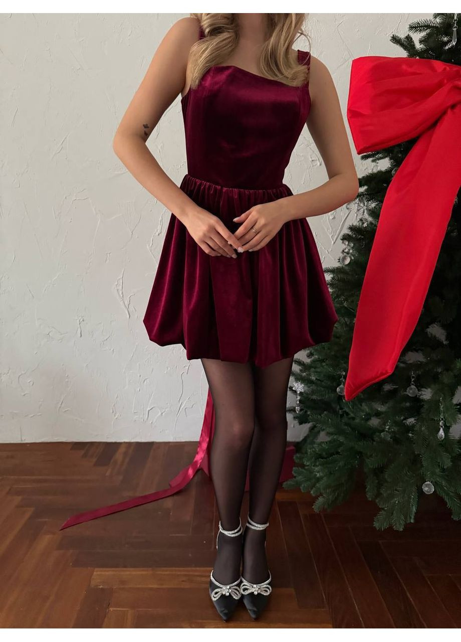 Бордовое праздничный, коктейльное, вечернее платье из бархата с баллон-юбкой на подкладке 💫💫💫 бэби долл Україна однотонное